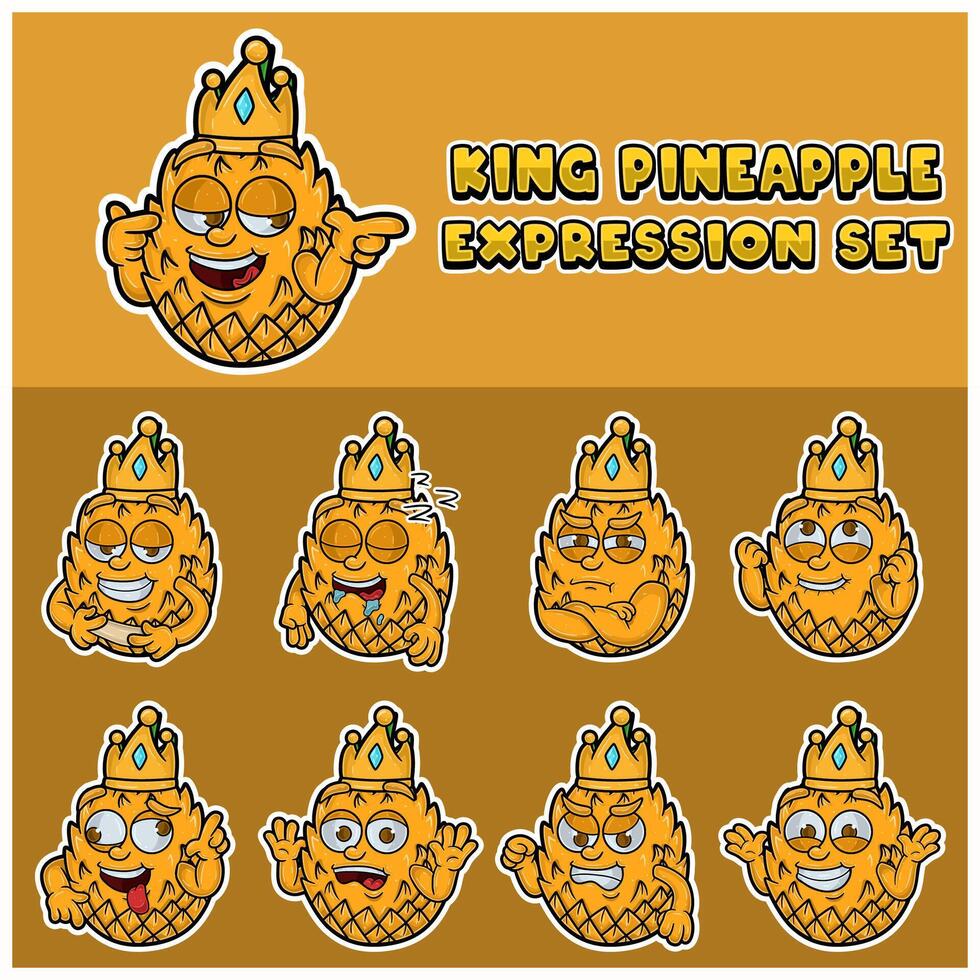 Cartoon Mascot Of  Pineapple Character with king and expression set. vector