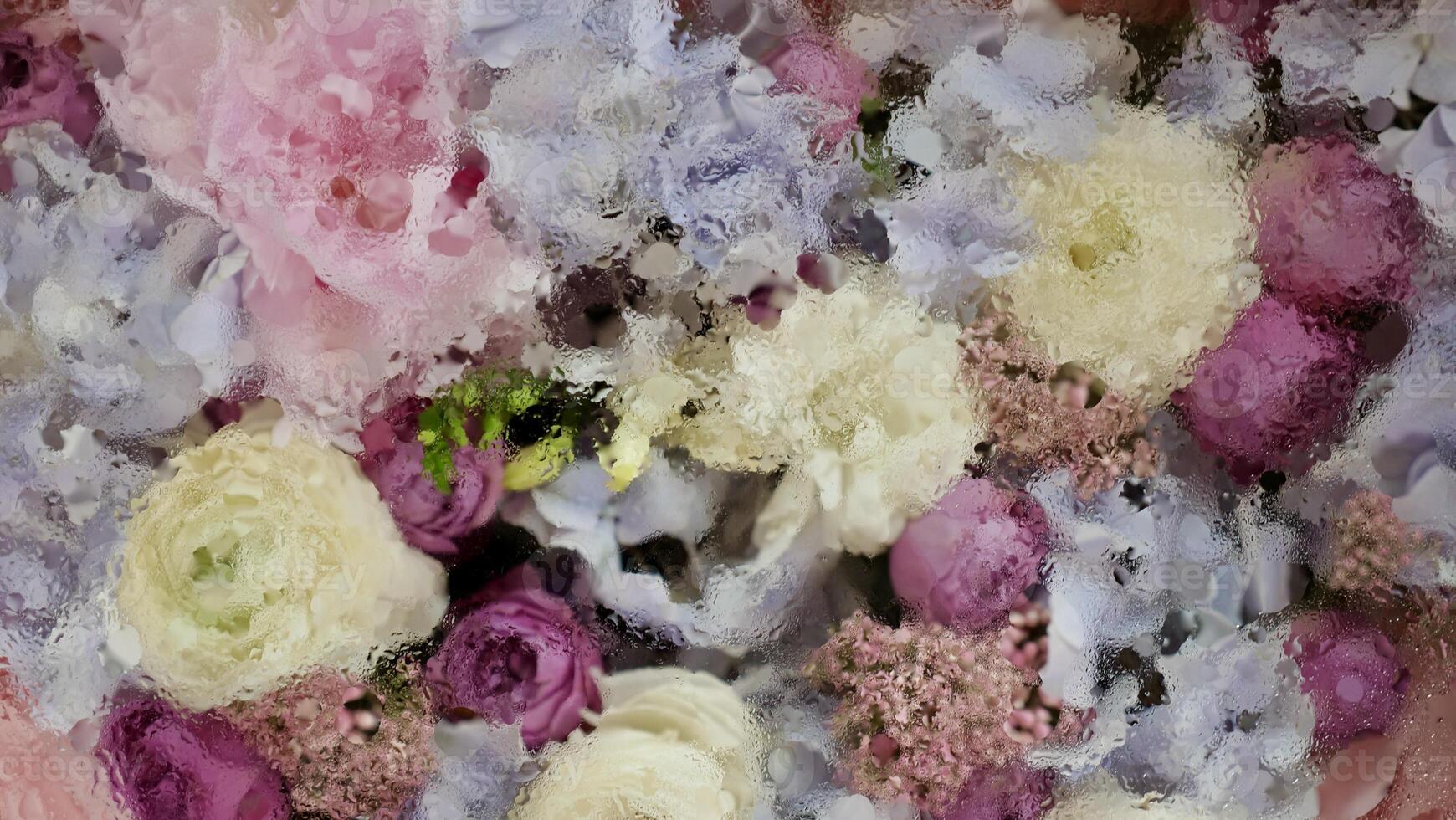 Floral natural blur background with blue gardenia, pink rose, white chrysanthemum close-up photo