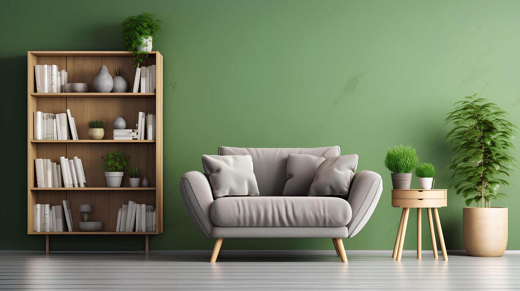 AI generated Sofa and indoor plants with book shelf photo