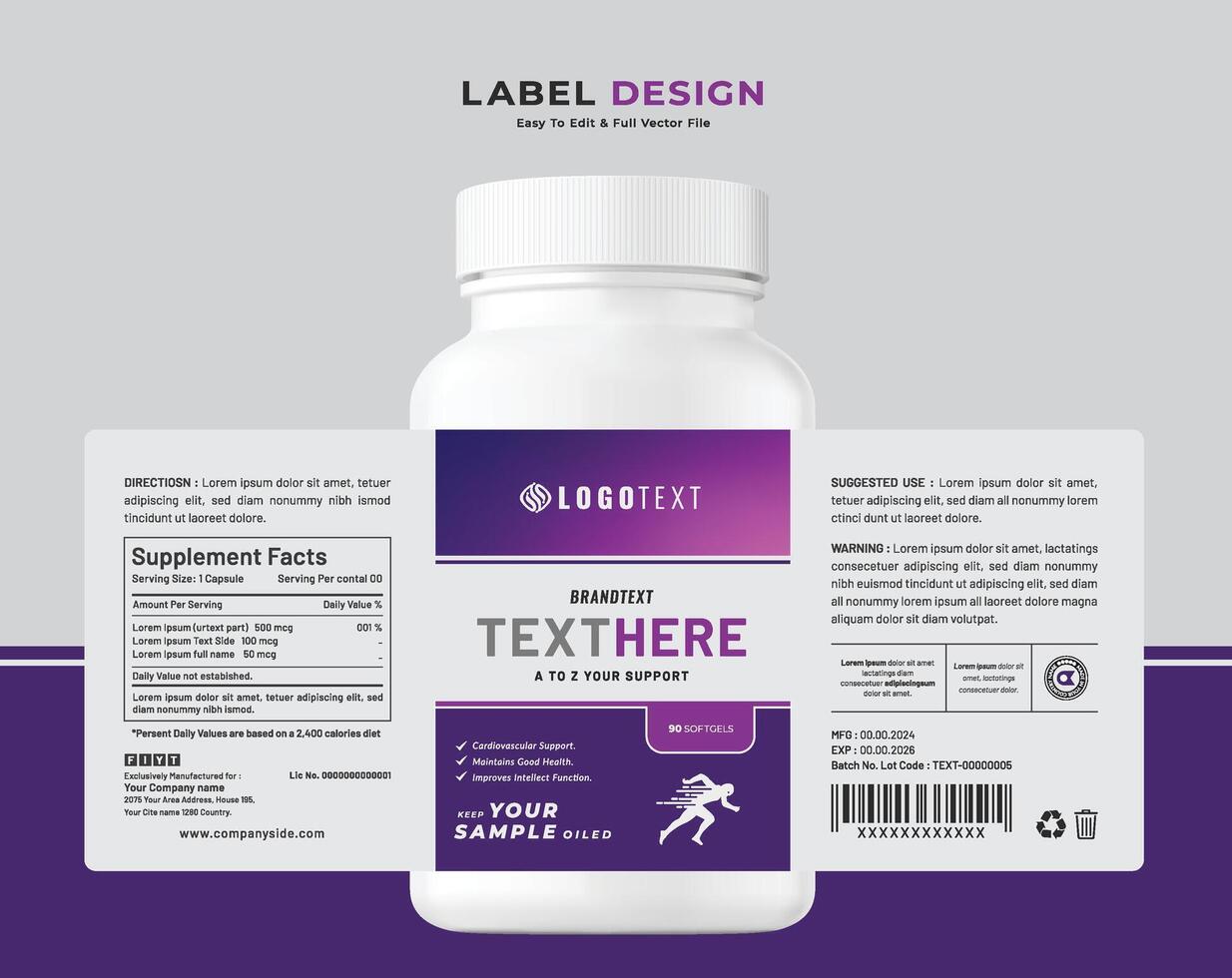 Food supplement multi vitamin label sticker design and medicine bottle jar box packaging. vector
