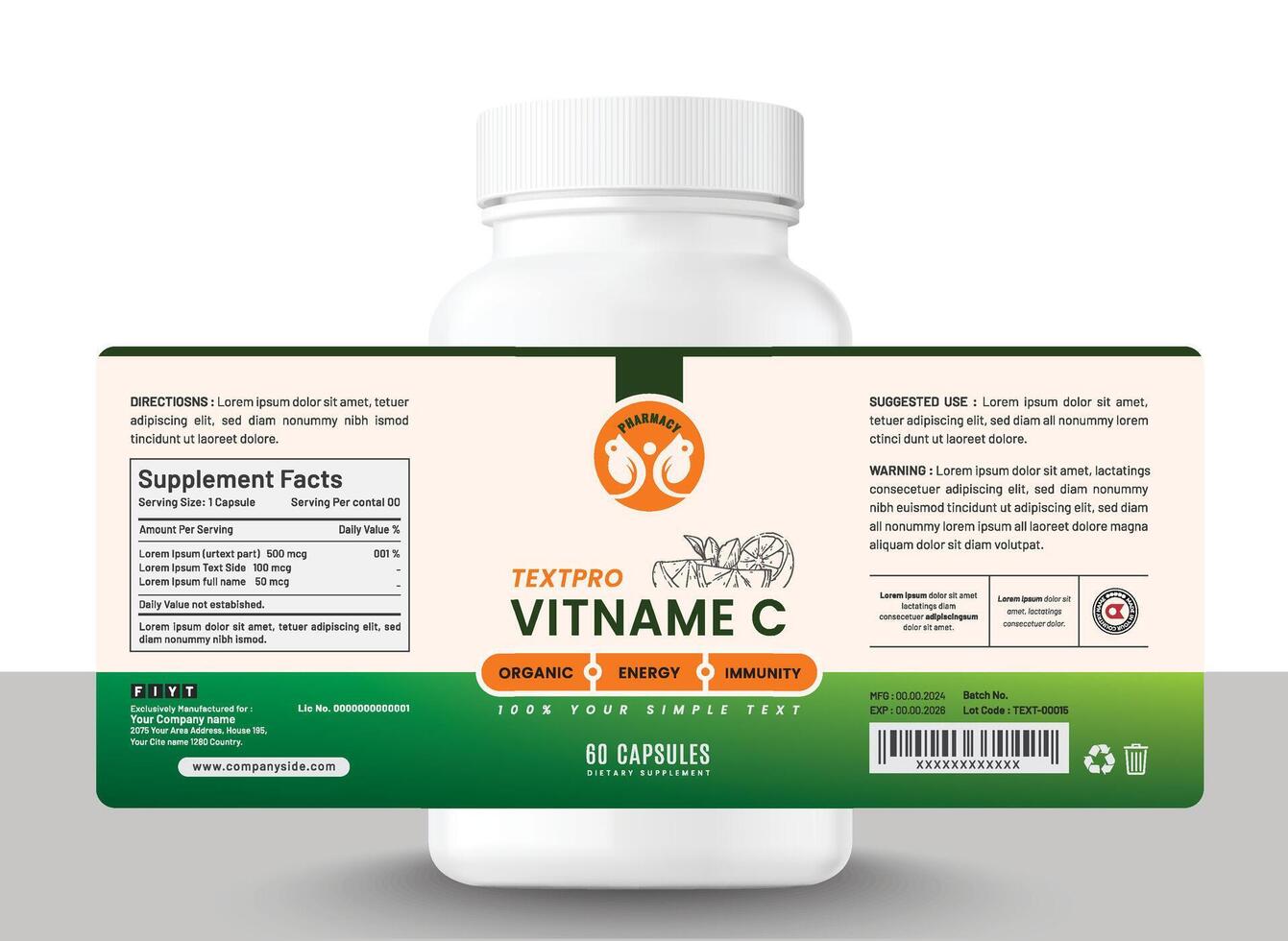 Food supplement multi vitamin label sticker design, bottle jar product packaging. vector