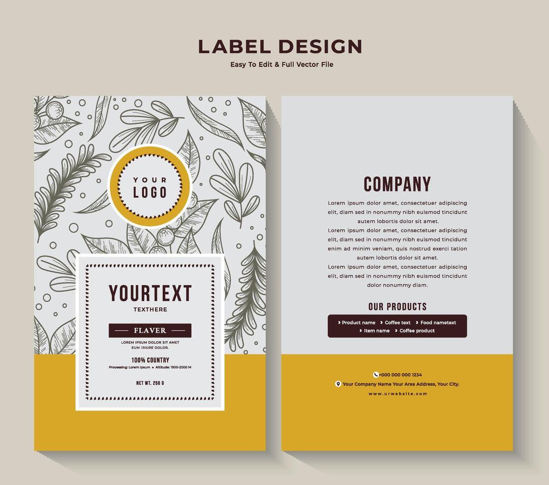 Coffee pouch packaging and tea label design, professional food sticker minimalist banner vector vintage tag.