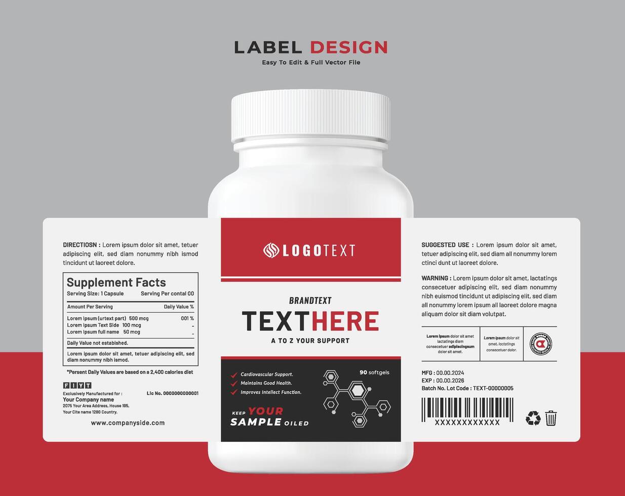 Food supplement multi vitamin label sticker design and medicine bottle jar box packaging. vector