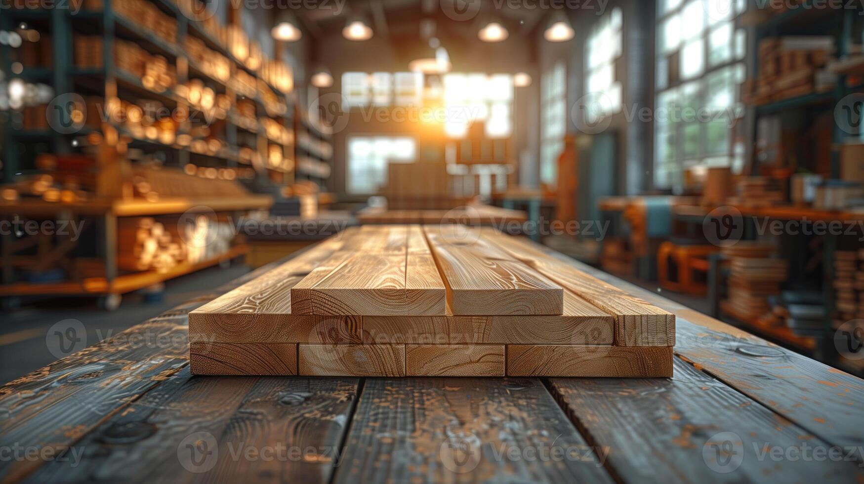 AI generated Wooden blocks on table in carpentry workshop. Blurred background photo