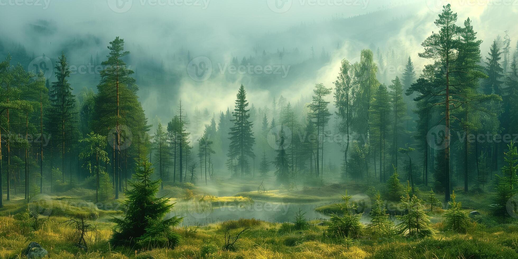 AI generated Foggy morning in the coniferous forest. Panorama. photo
