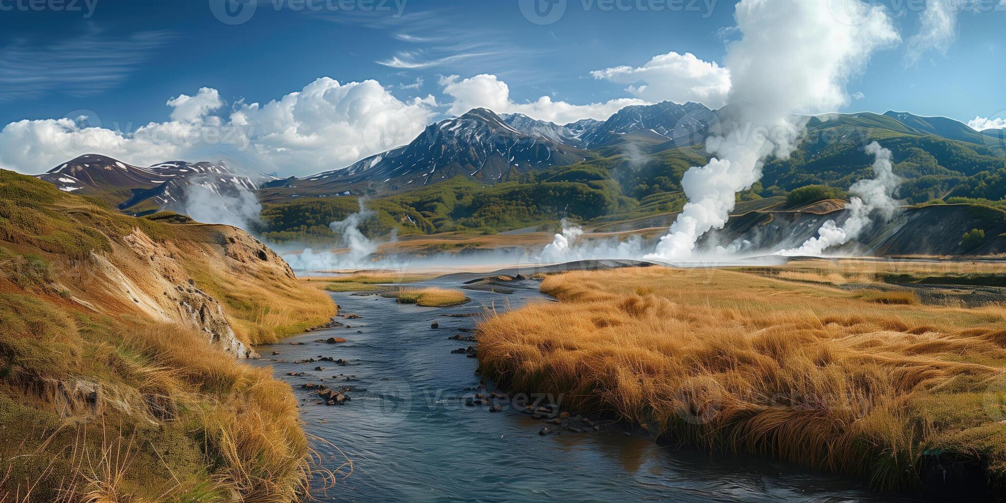 AI generated landscape of volcanic valley with geysers and thermal streams photo