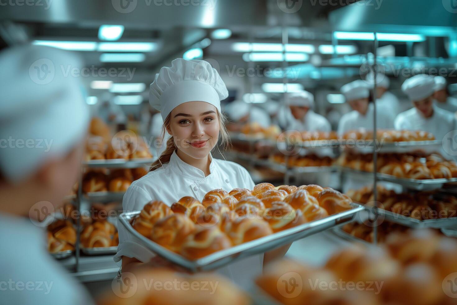 ai generado joven profesional hembra panadero participación bandeja con bollos en grande moderno panadería foto