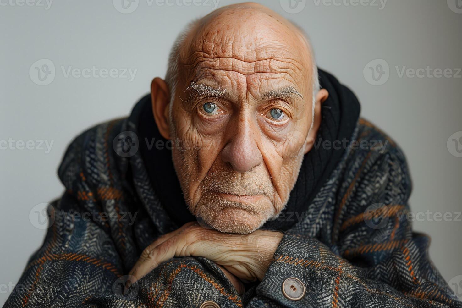 ai generado retrato de mayor hombre en un sólido gris antecedentes foto