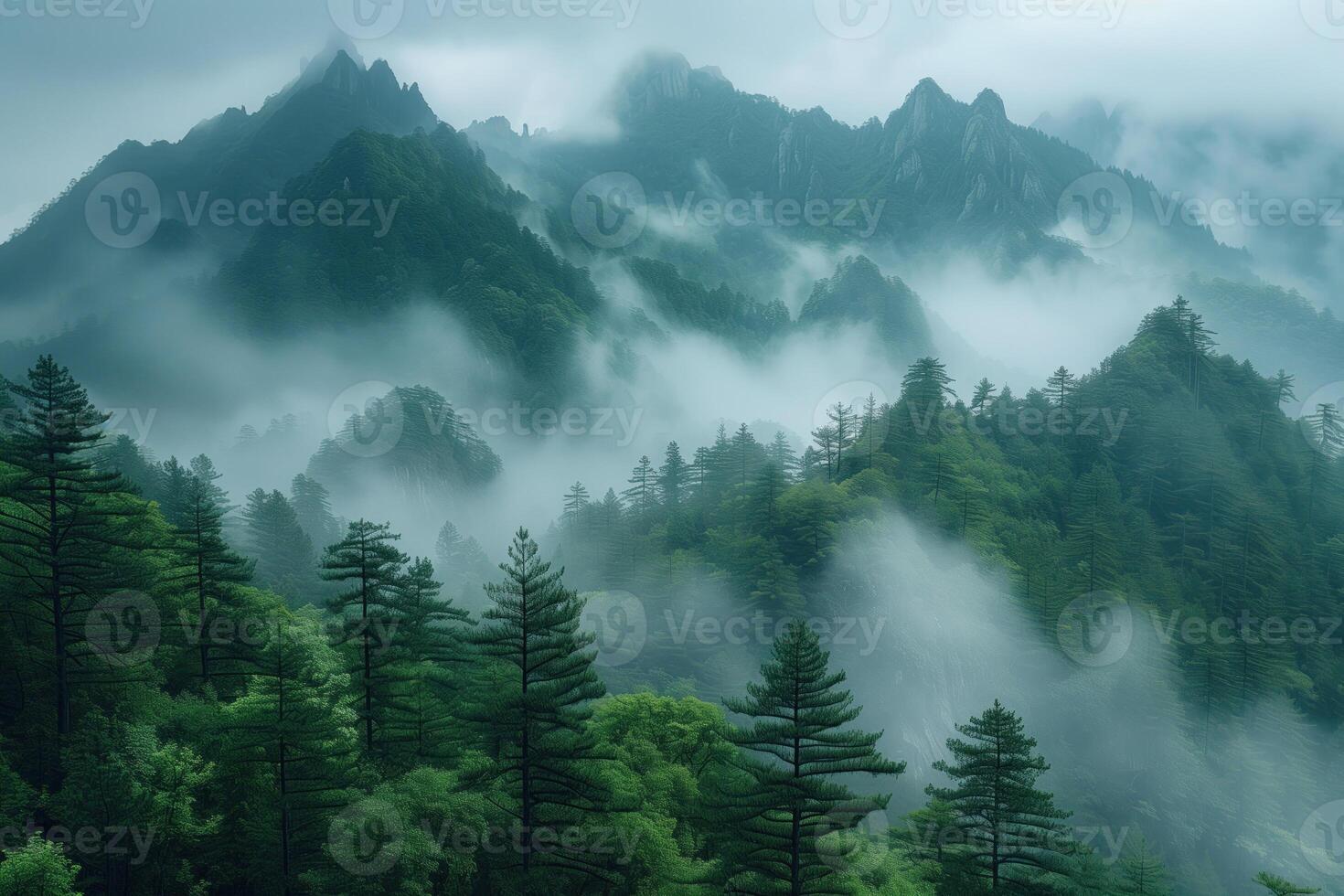 AI generated Mount Huangshan in the mist, Huangshan National Park, China photo
