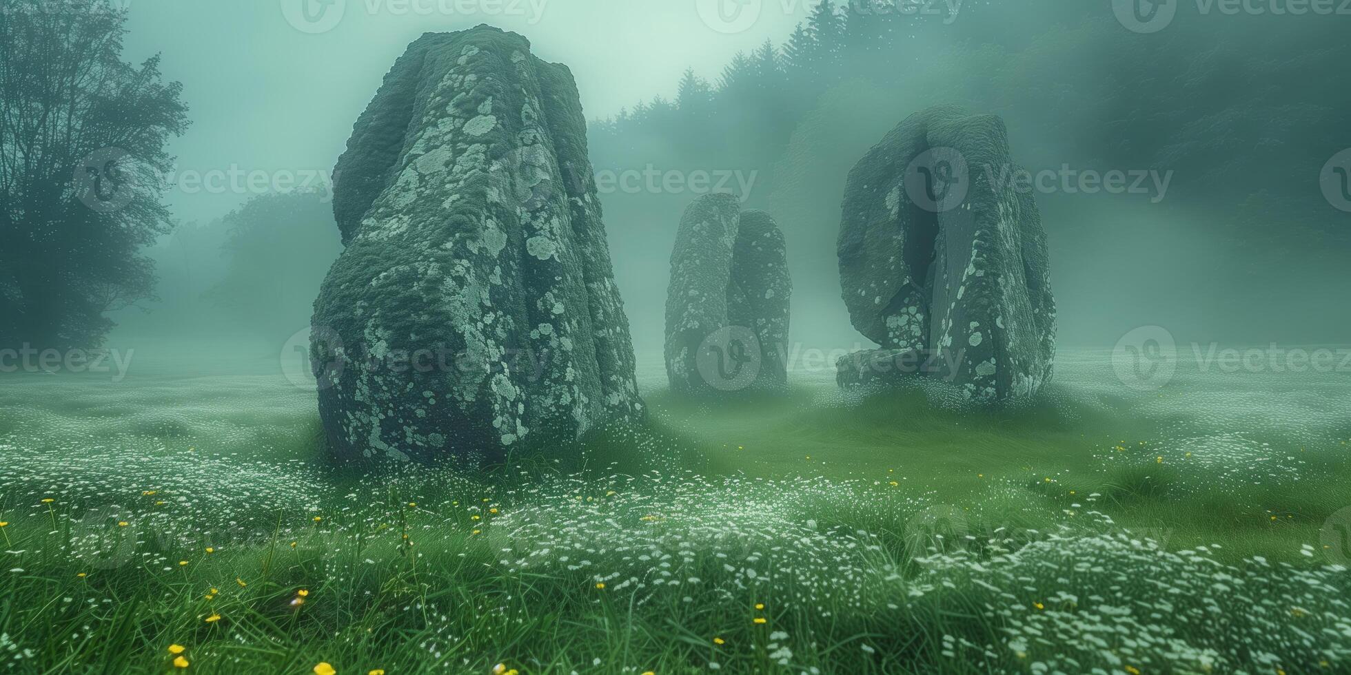 AI generated ancient megalithic stones on a foggy morning in a beautiful valley photo