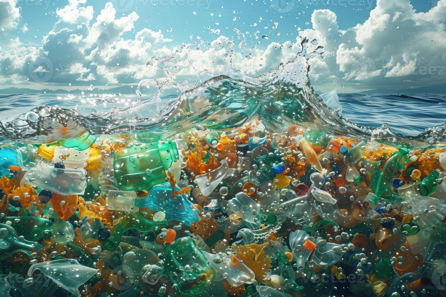 AI generated Plastic garbage in the ocean. Environmental pollution. photo