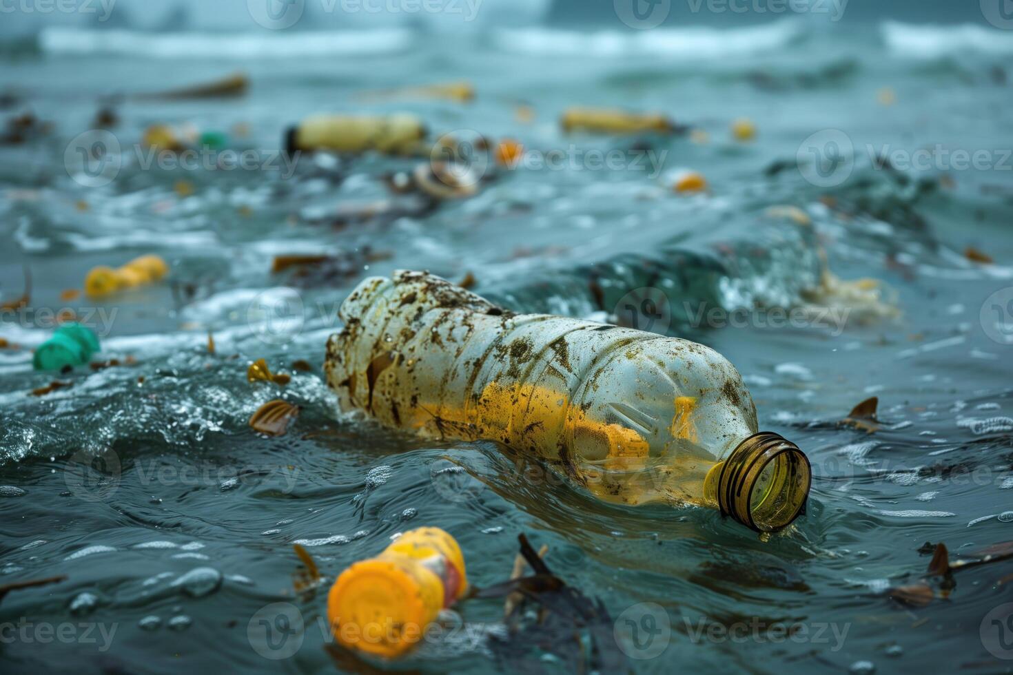 AI generated environmental pollution concept, plastic bottle and other garbage in the sea photo