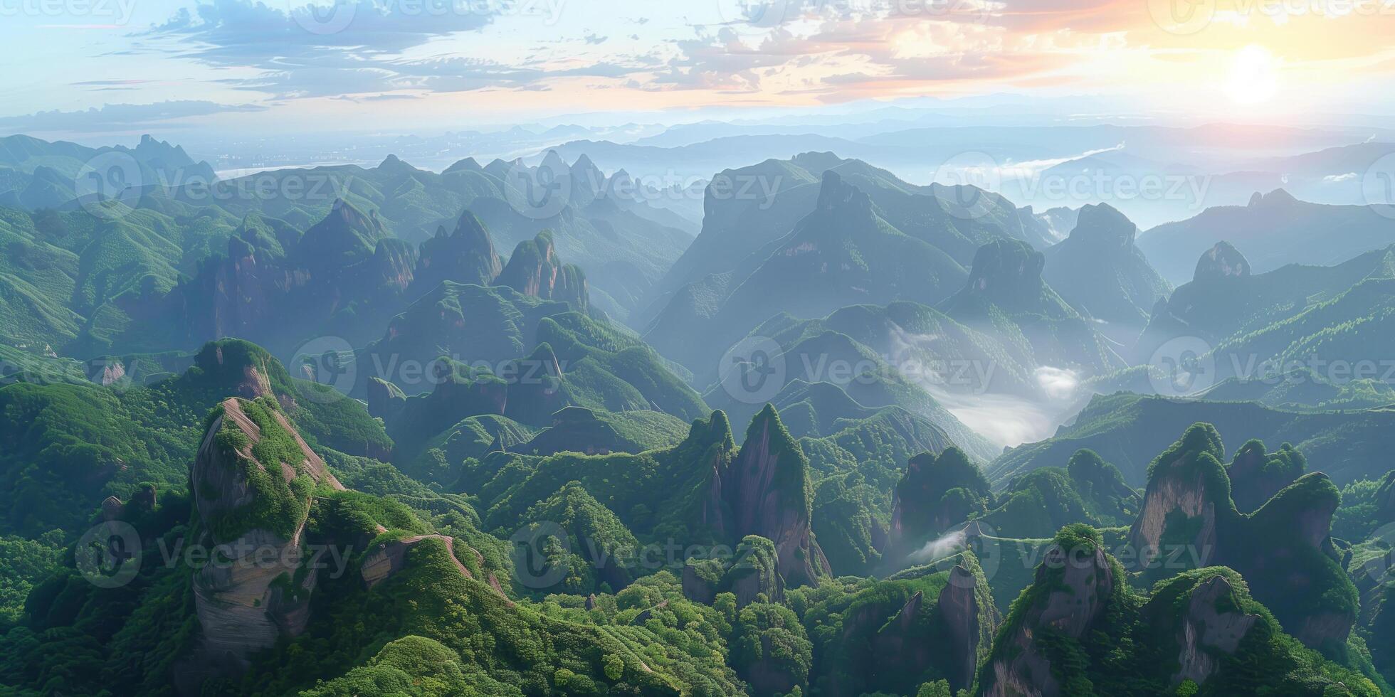 AI generated aerial panoramic view of the rocky mountainous area and the sea of mist photo