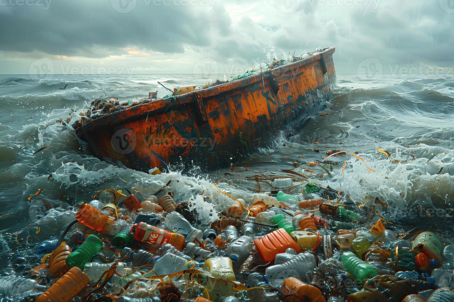 AI generated Abandoned ship in the sea among plastic trash. Environmental pollution. Ecological problem. photo