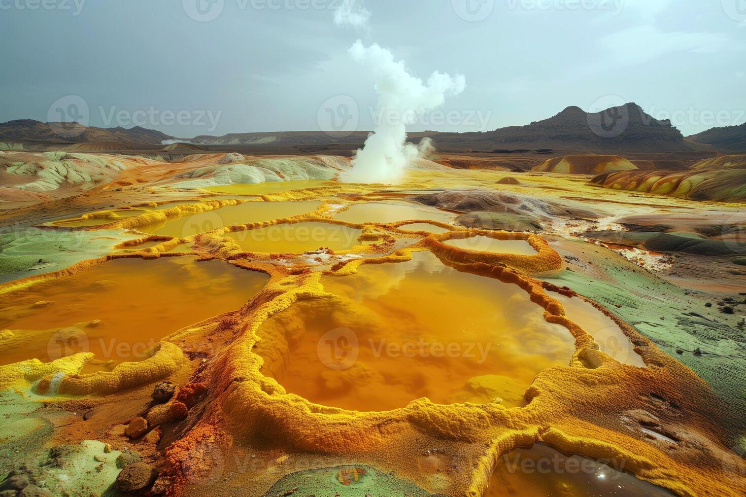 AI generated hot hydrothermal springs with bright mineral deposits in a volcanic area in the desert photo