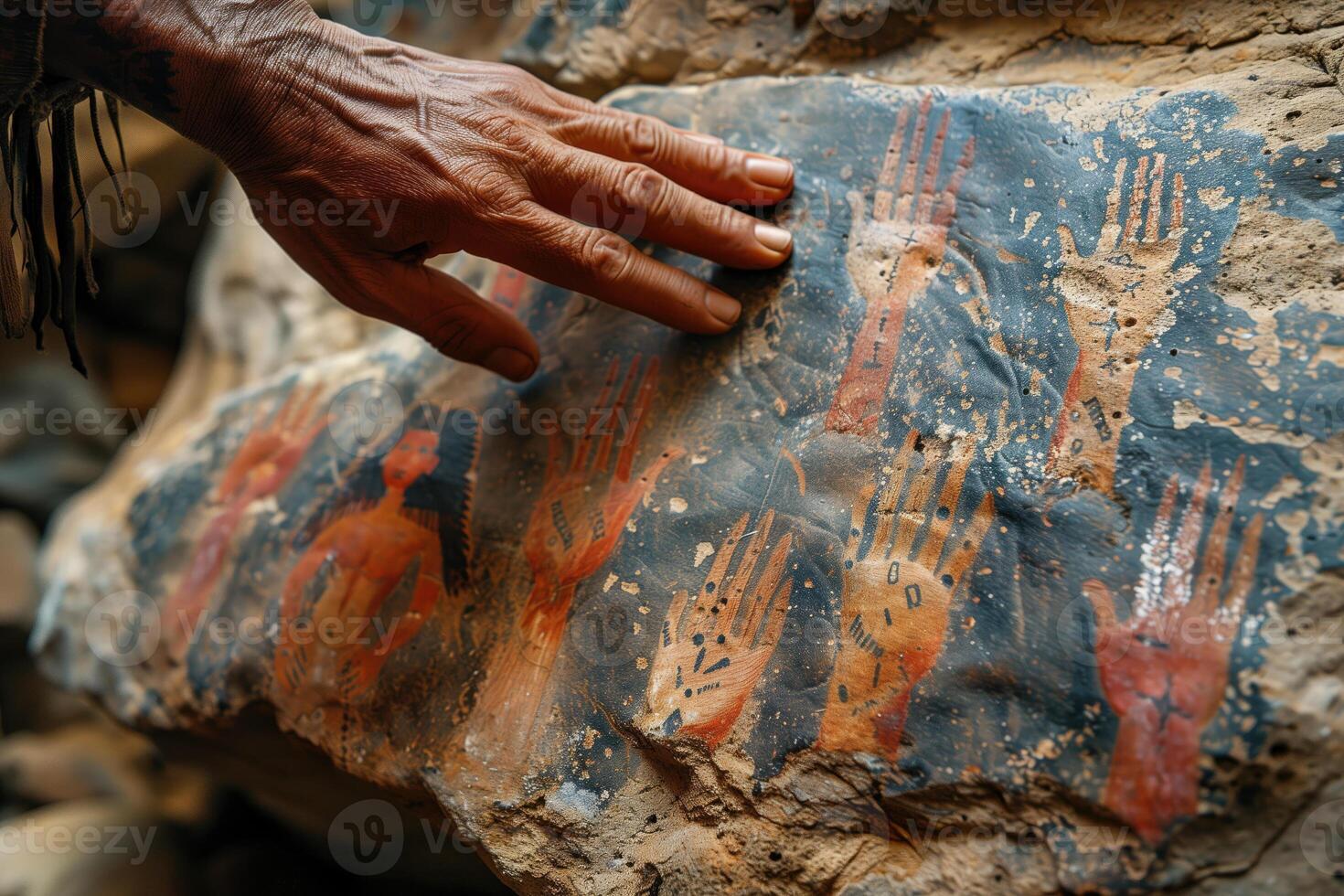 ai generado cueva cuadro, el mano de un indígena persona toques un antiguo Roca con muchos palmas representado en eso foto