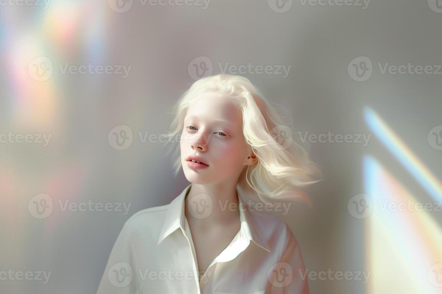 AI generated Portrait of a beautiful albino girl with long hair in a white shirt on a light background photo