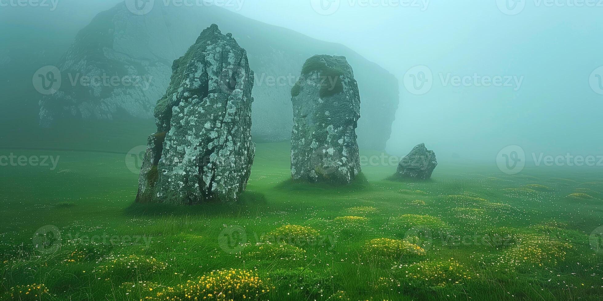 AI generated ancient megalithic stones on a foggy morning on a meadow in mountain valley photo