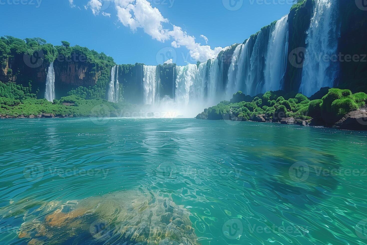 AI generated panoramic view of the lagoon with blue water under a huge waterfall photo