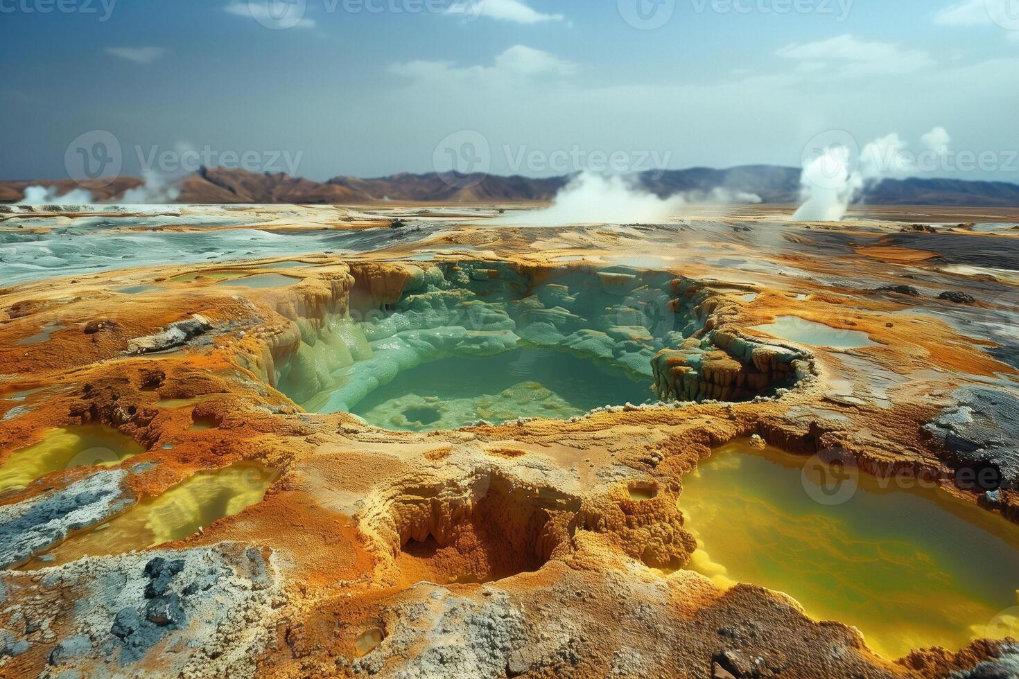 AI generated landscape with colorful hot springs in a volcanic area photo