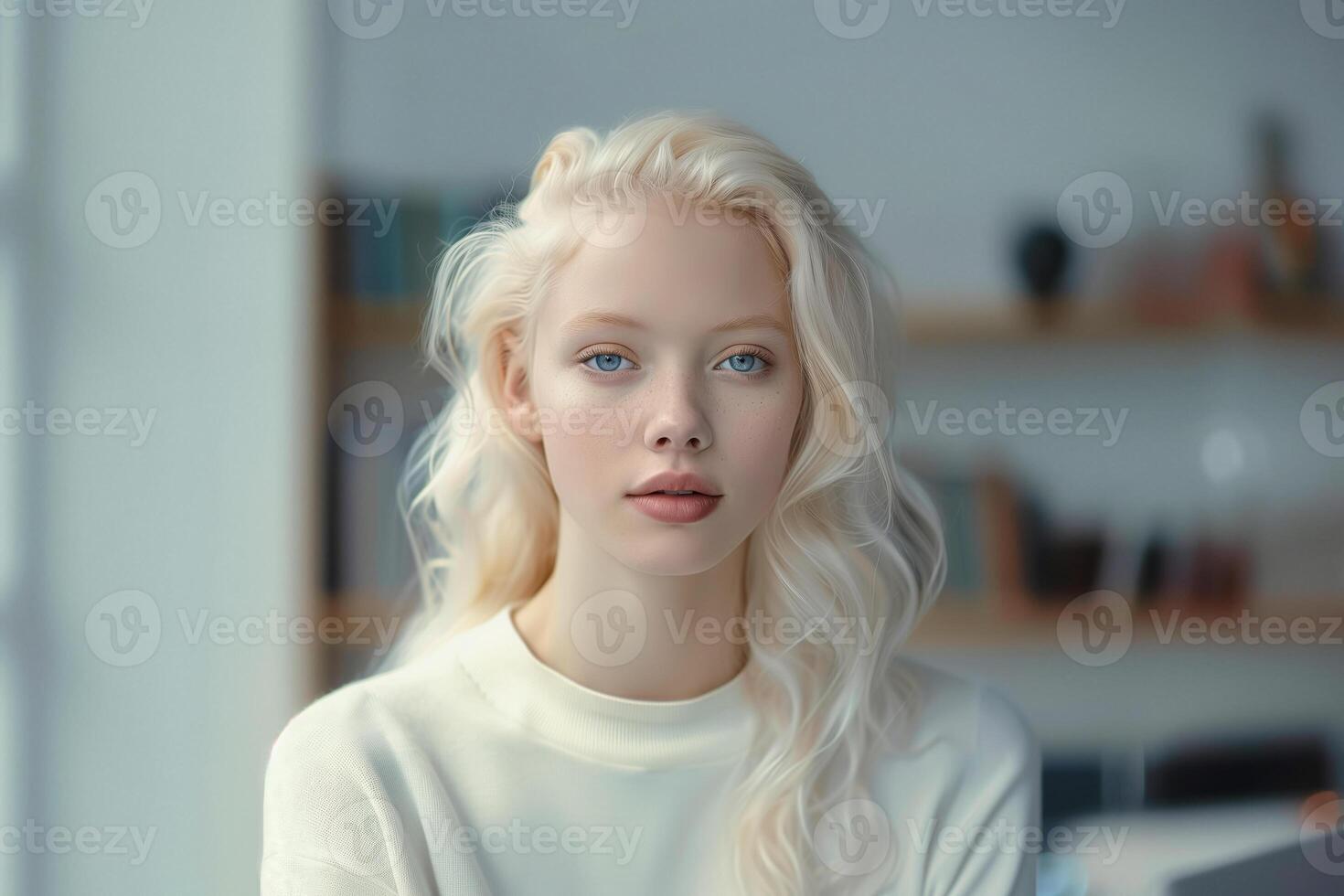 AI generated beautiful young woman in white sweater looking at camera while working at home photo