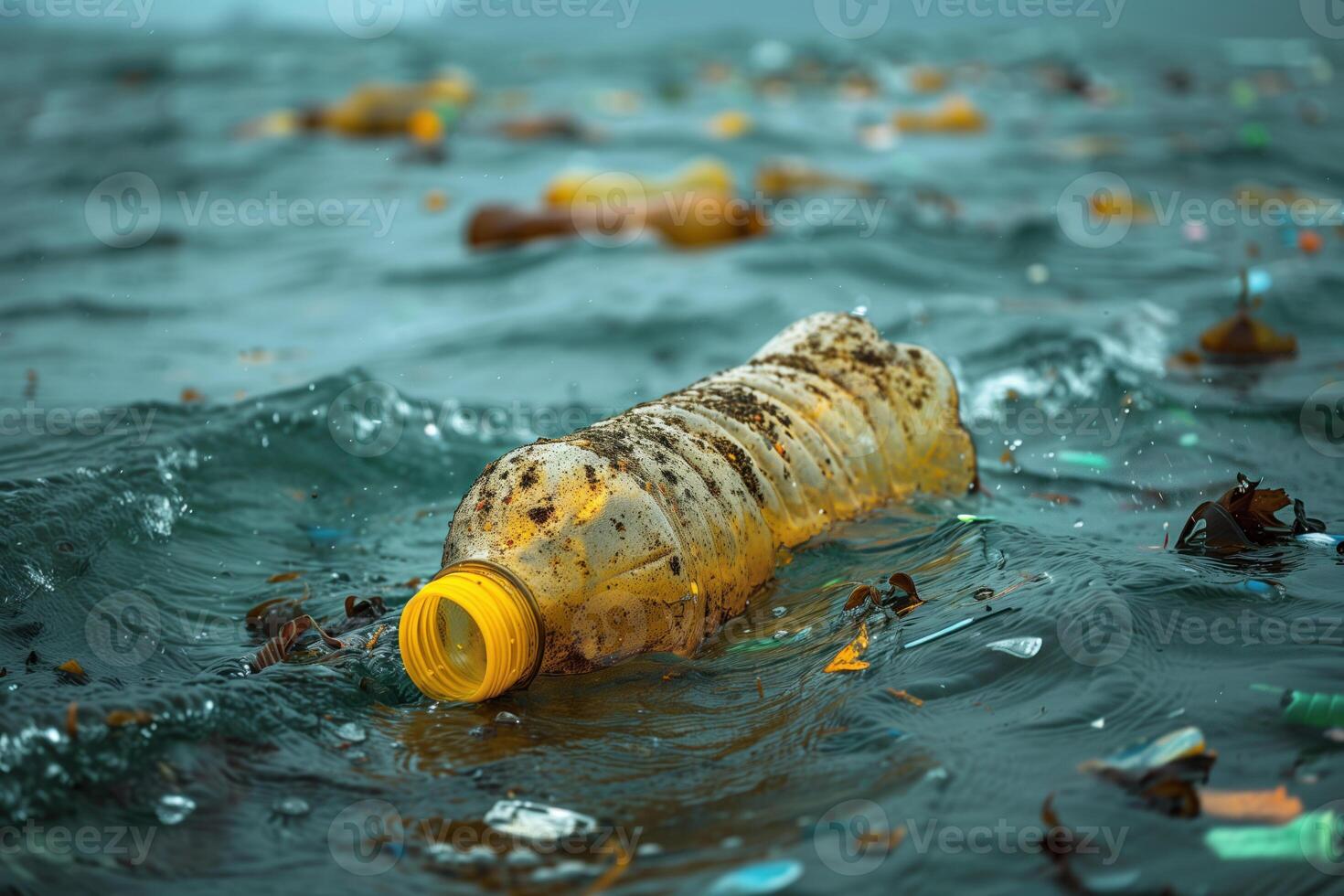 AI generated environmental pollution concept, plastic bottle and other garbage in the sea water photo