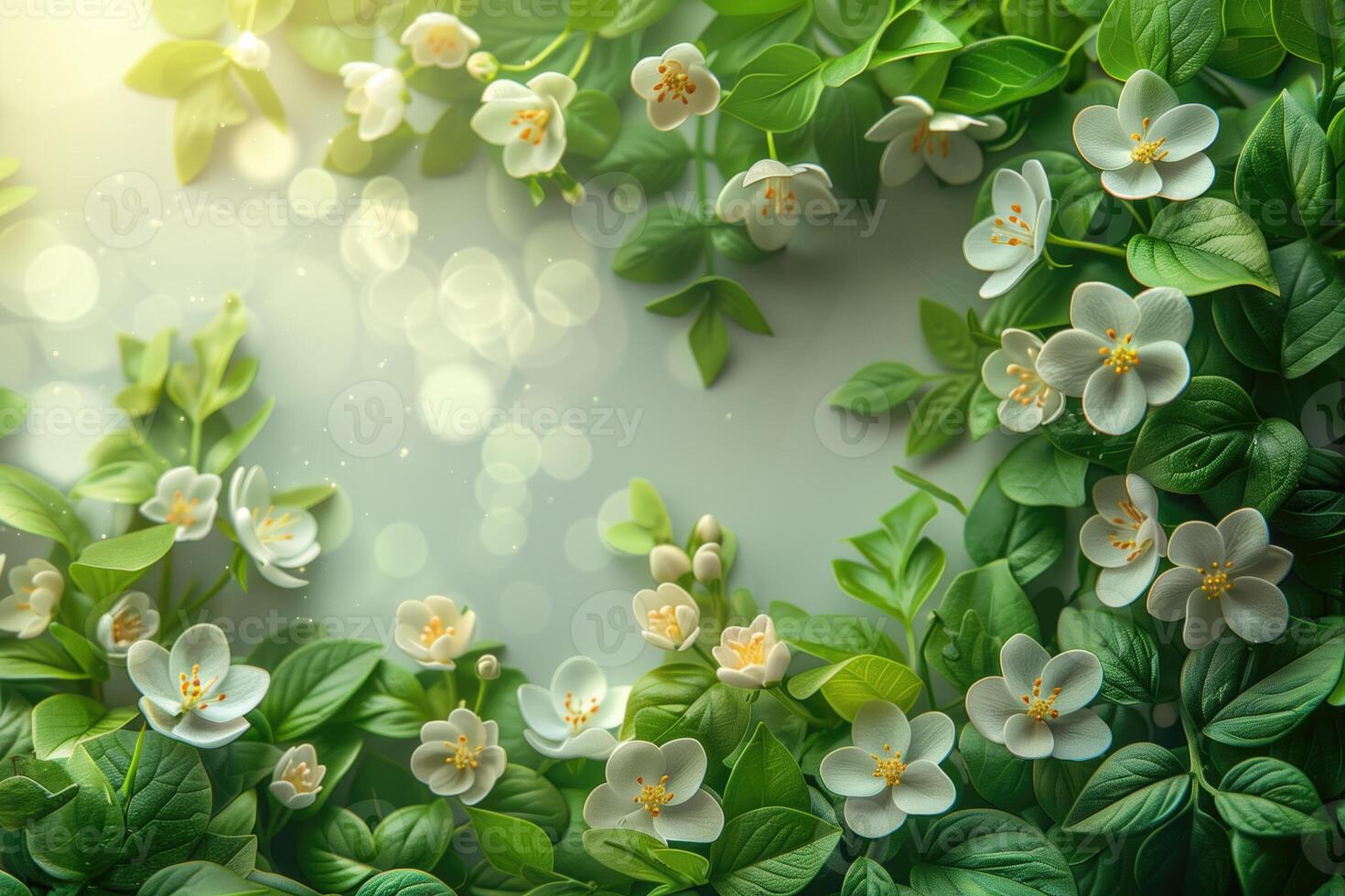 AI generated White jasmine flowers and green leaves on light background with copy space photo