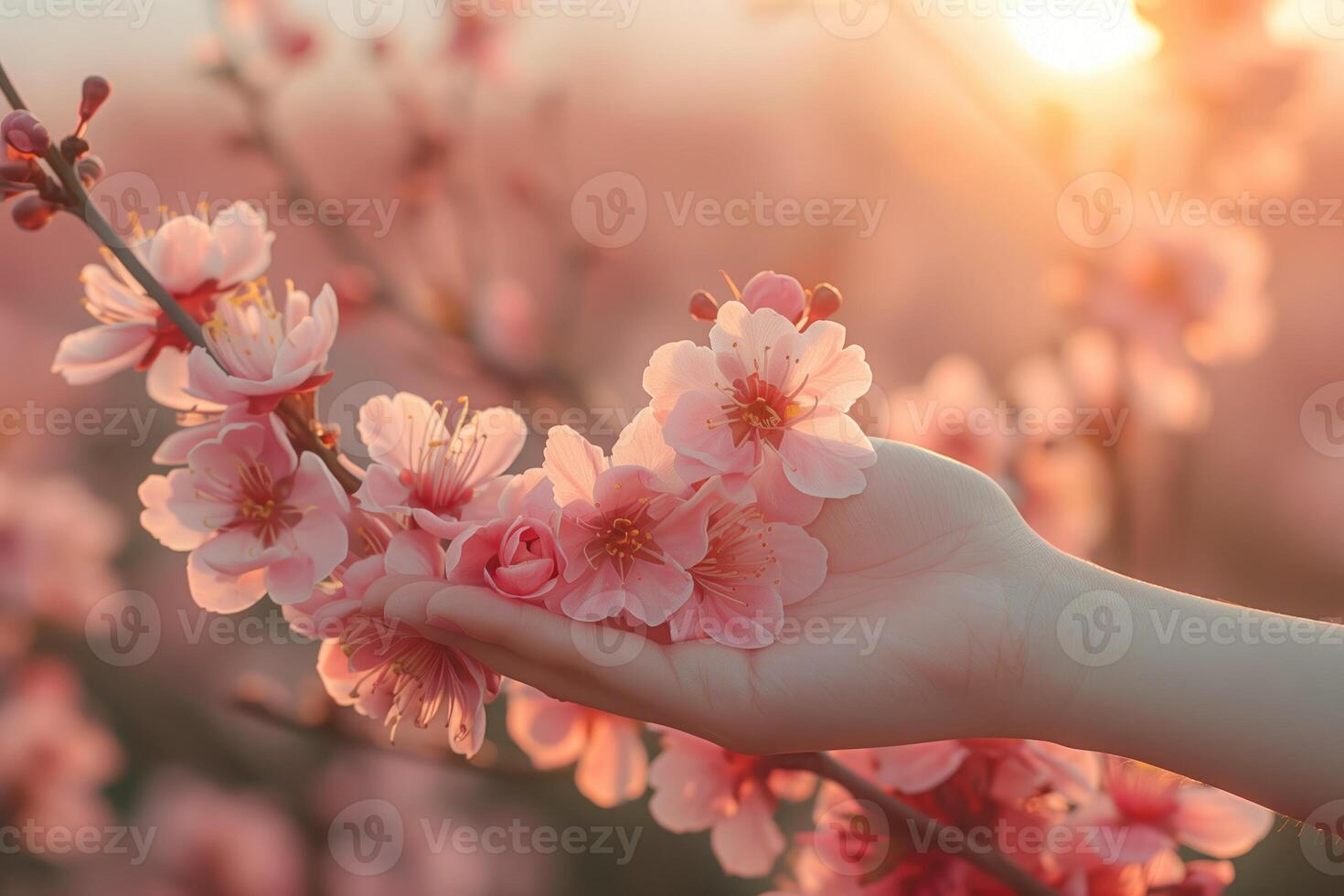 AI generated Beautiful pink cherry blossom sakura flowers in hand on sunset background photo