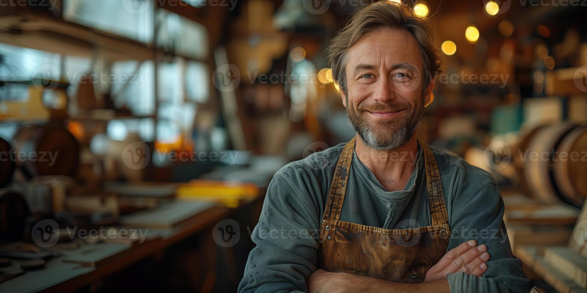 AI generated Portrait of smiling mature craftsman with arms crossed in workshop. photo