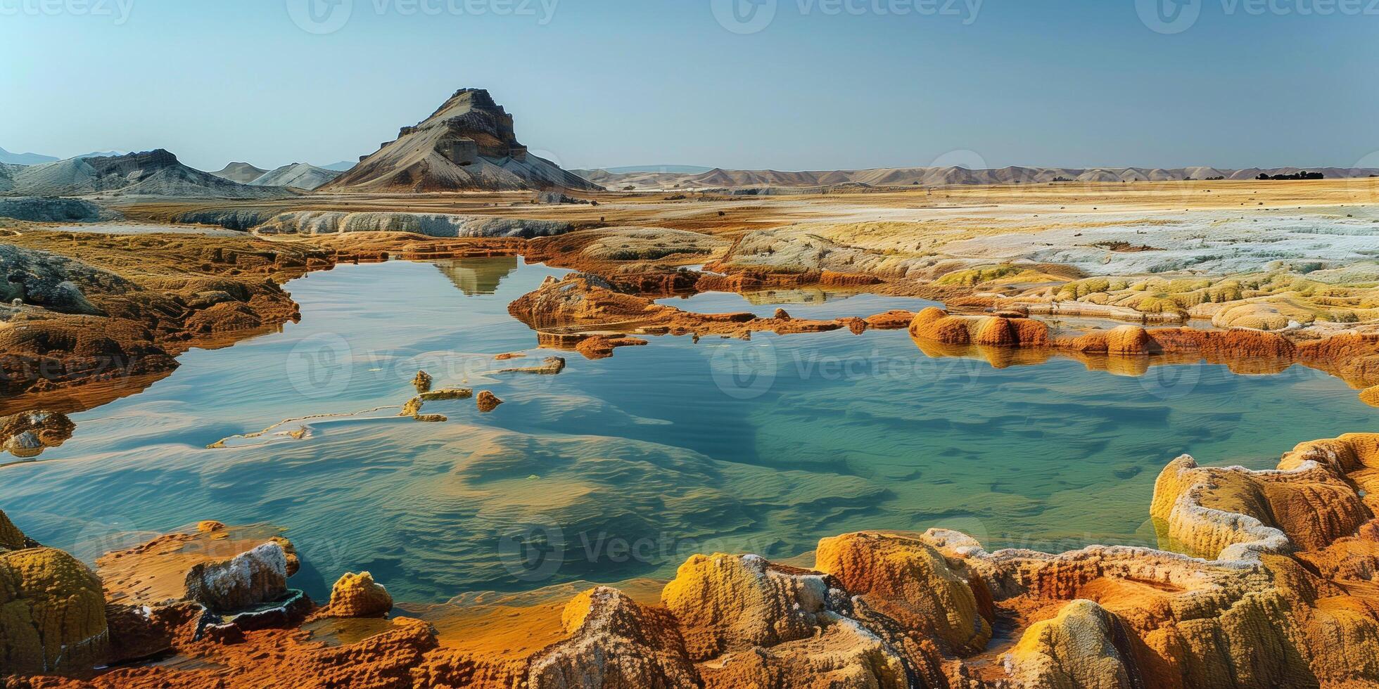 AI generated hot mineral springs in a volcanic area in the desert photo