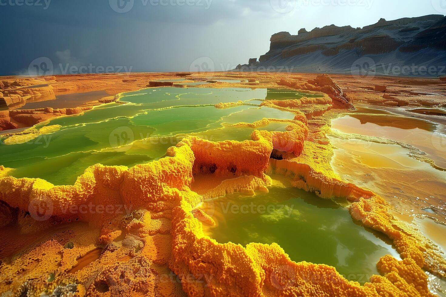 AI generated bright sulfur deposits around geothermal vents, beautiful ethereal landscape photo