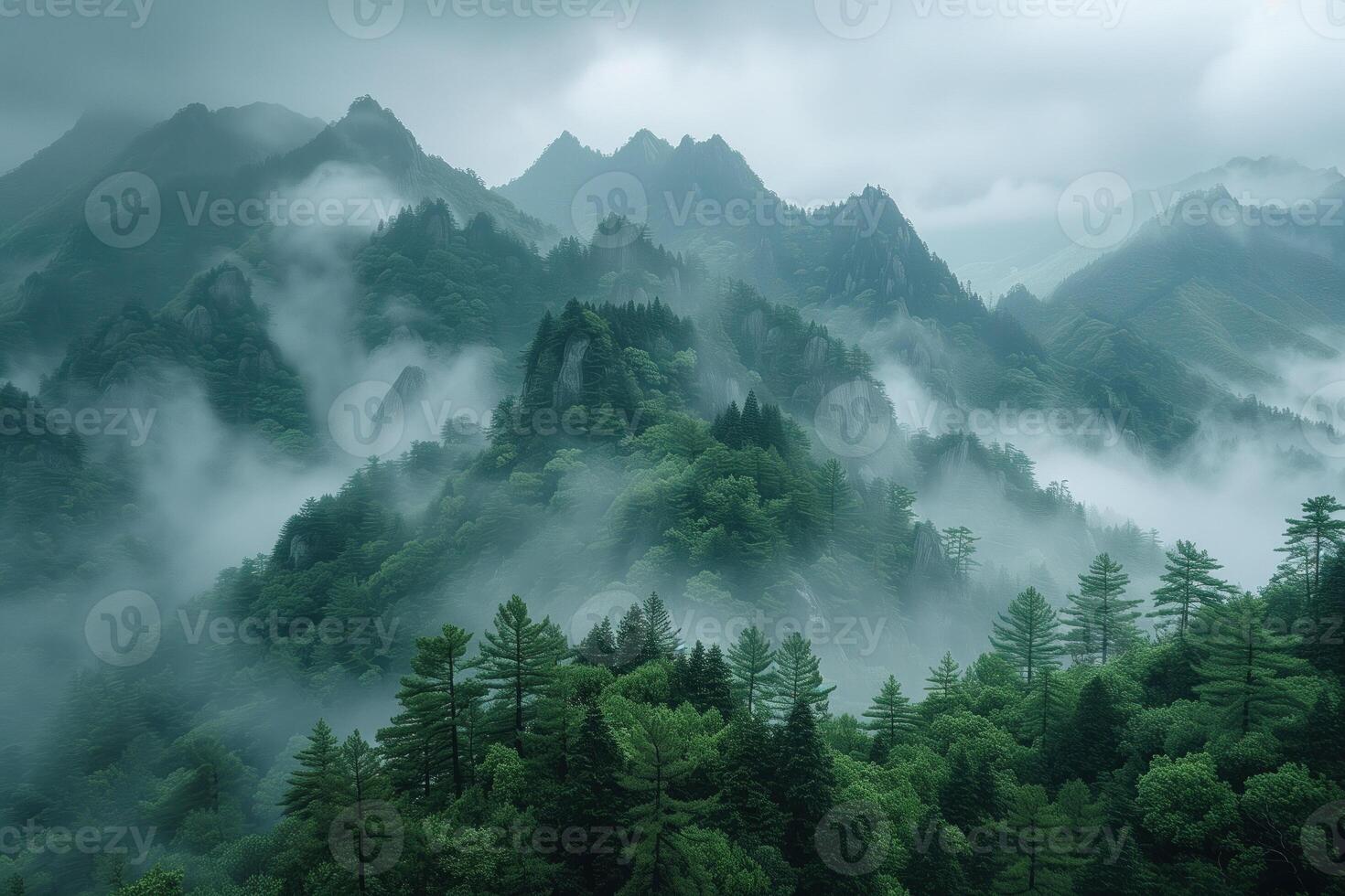 AI generated wooded mountain landscape with fog in Huangshan National Park, China photo