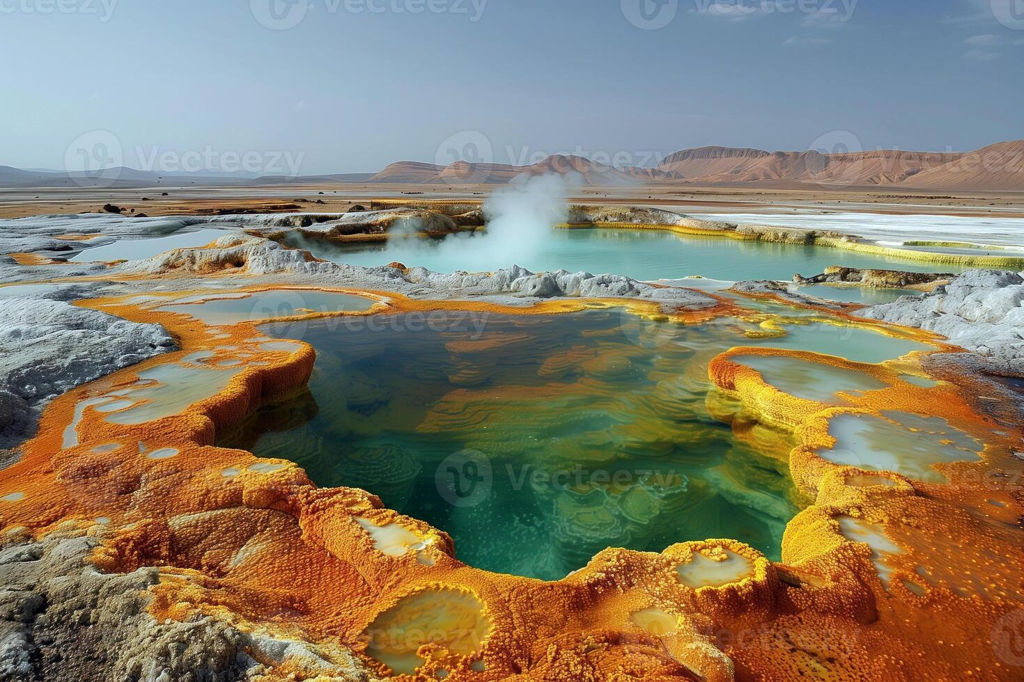 AI generated hot mineralized springs with colorful sediments in a volcanic basin photo
