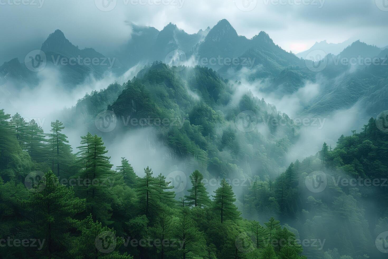 AI generated Mountain landscape with fog and pine trees in Huangshan, China photo