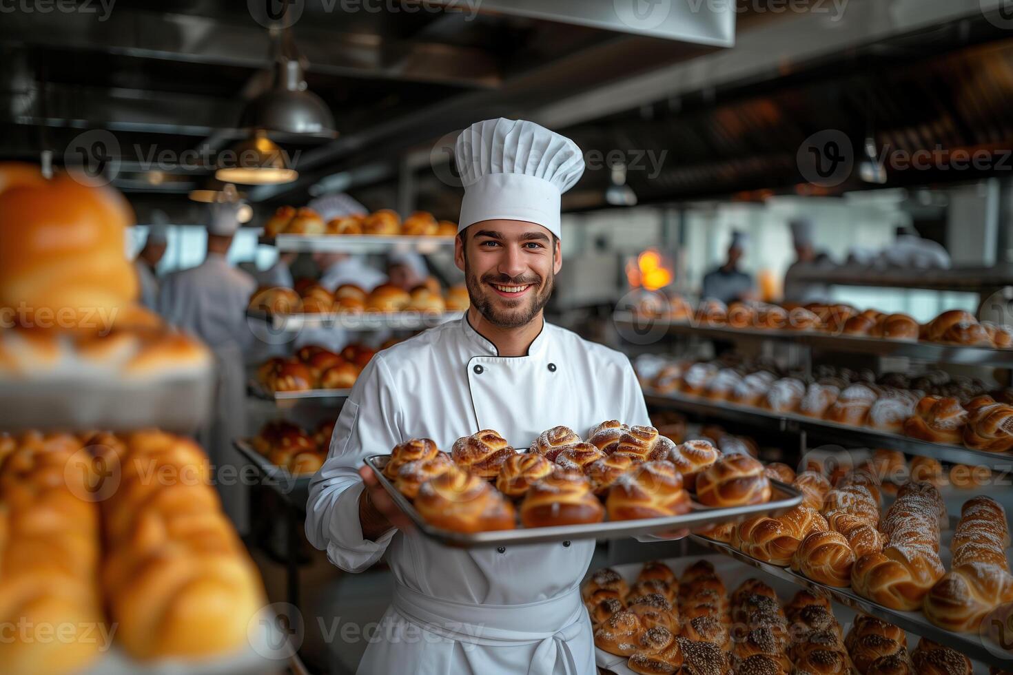 AI generated young professional male baker holding tray with buns in large modern bakery photo