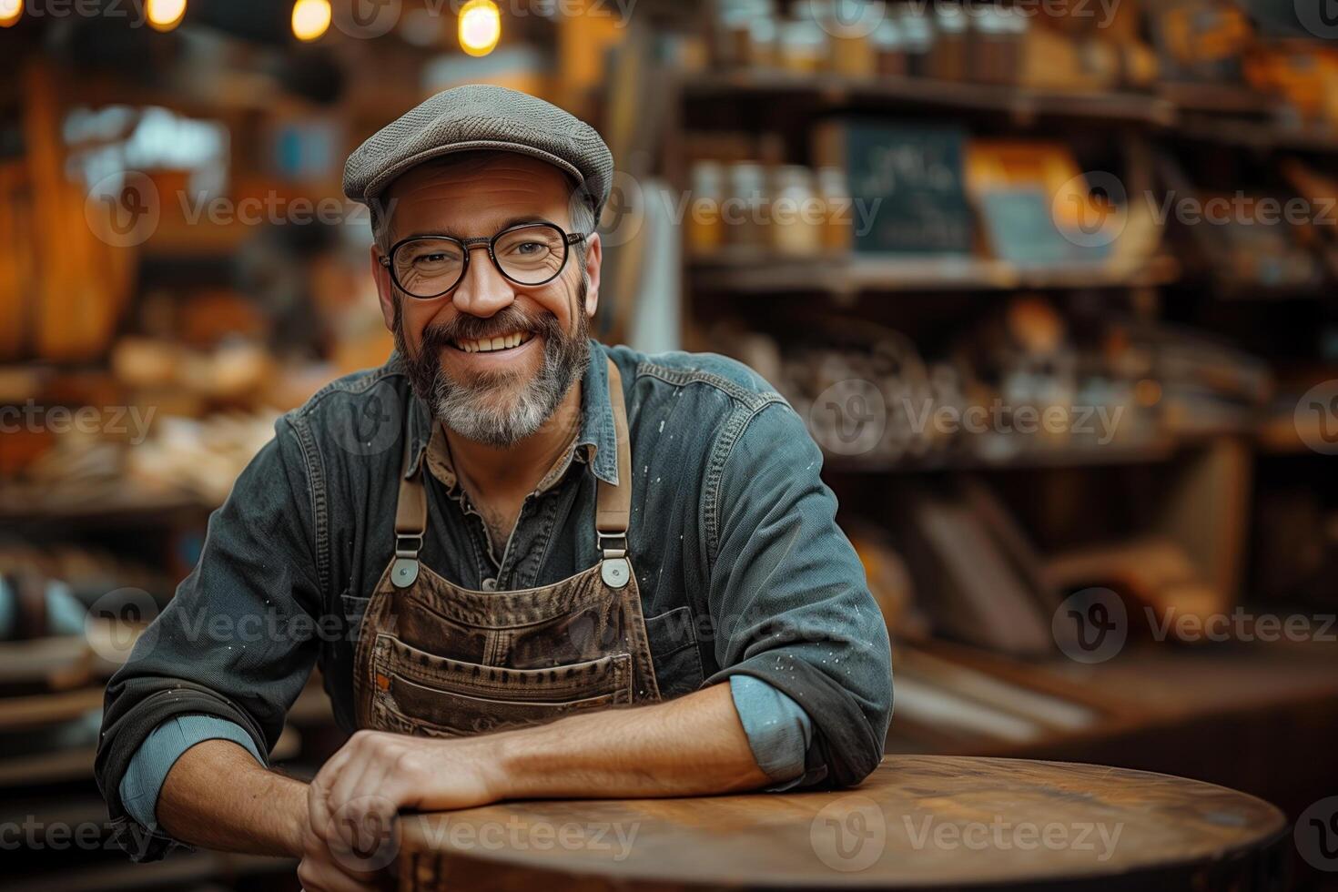 AI generated Portrait of a smiling mature craftsman in eyeglasses leaning on a wooden table photo