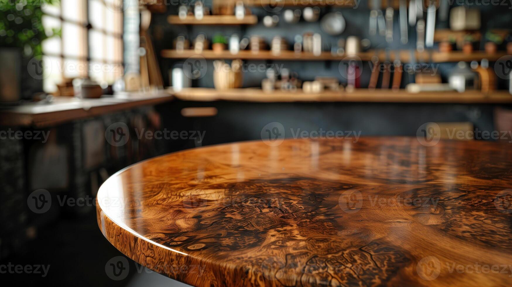 AI generated newly made table with a burl wood top in a carpentry workshop photo
