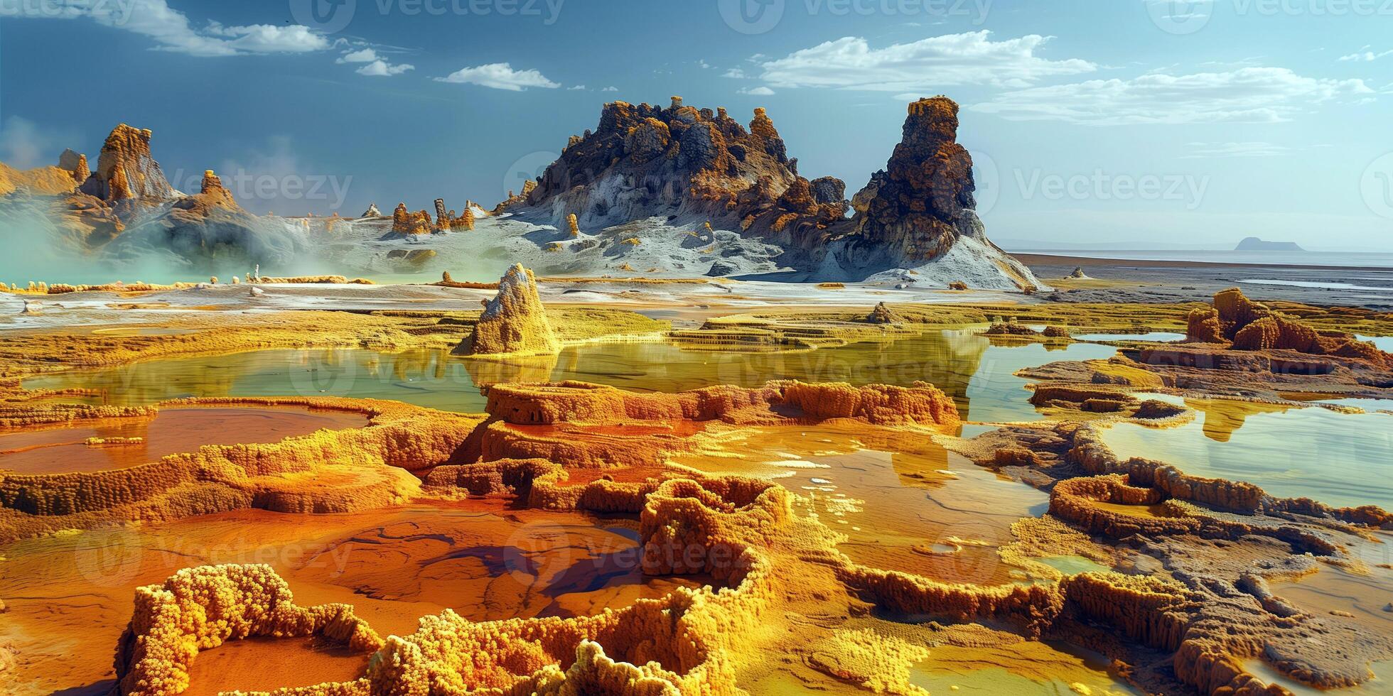 AI generated amazing landscape with hot springs, vibrant sulfur deposits and volcanic rocks photo