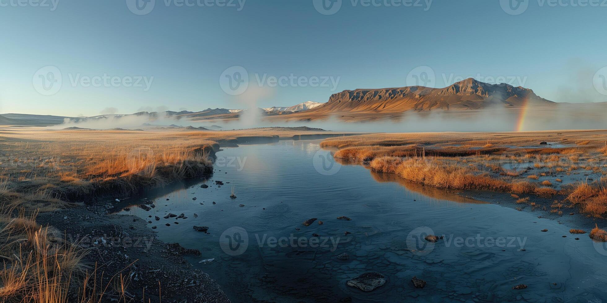 AI generated landscape of deserted valley with thermal springs photo