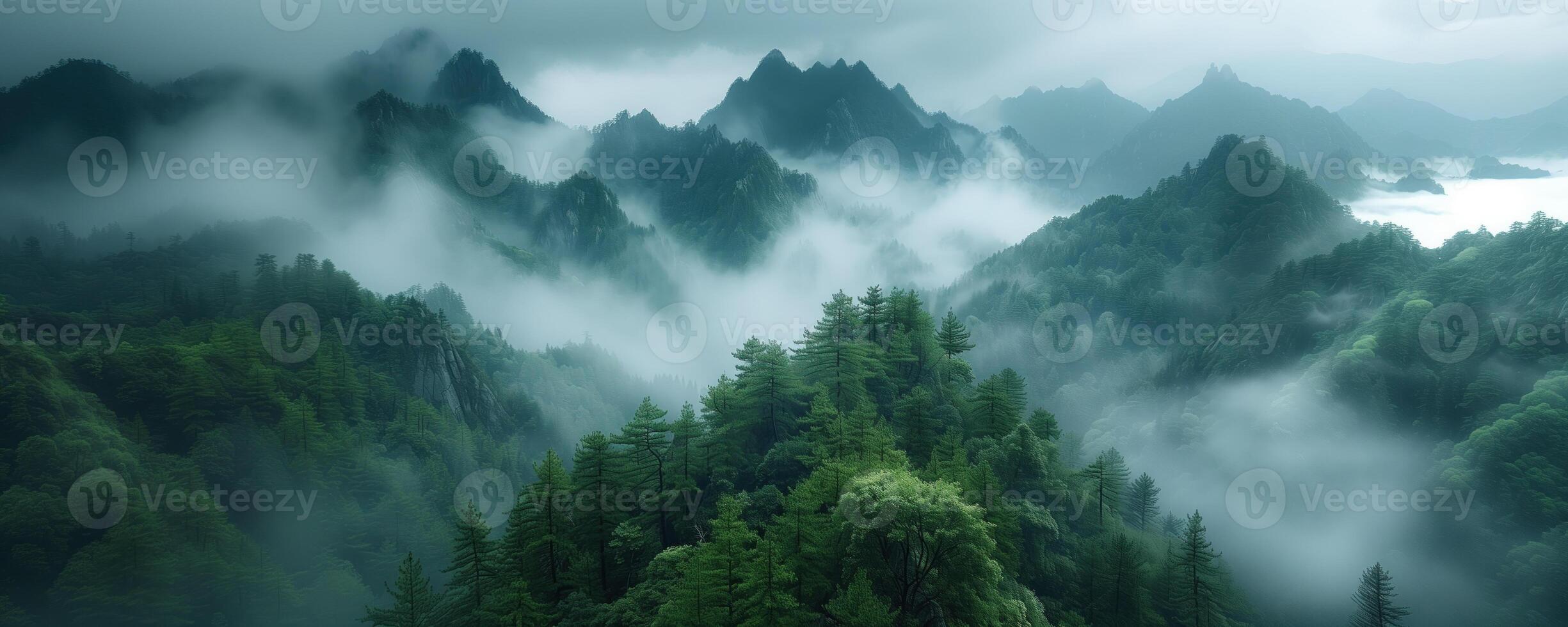 AI generated Panoramic view of the misty forest in the mountains. photo