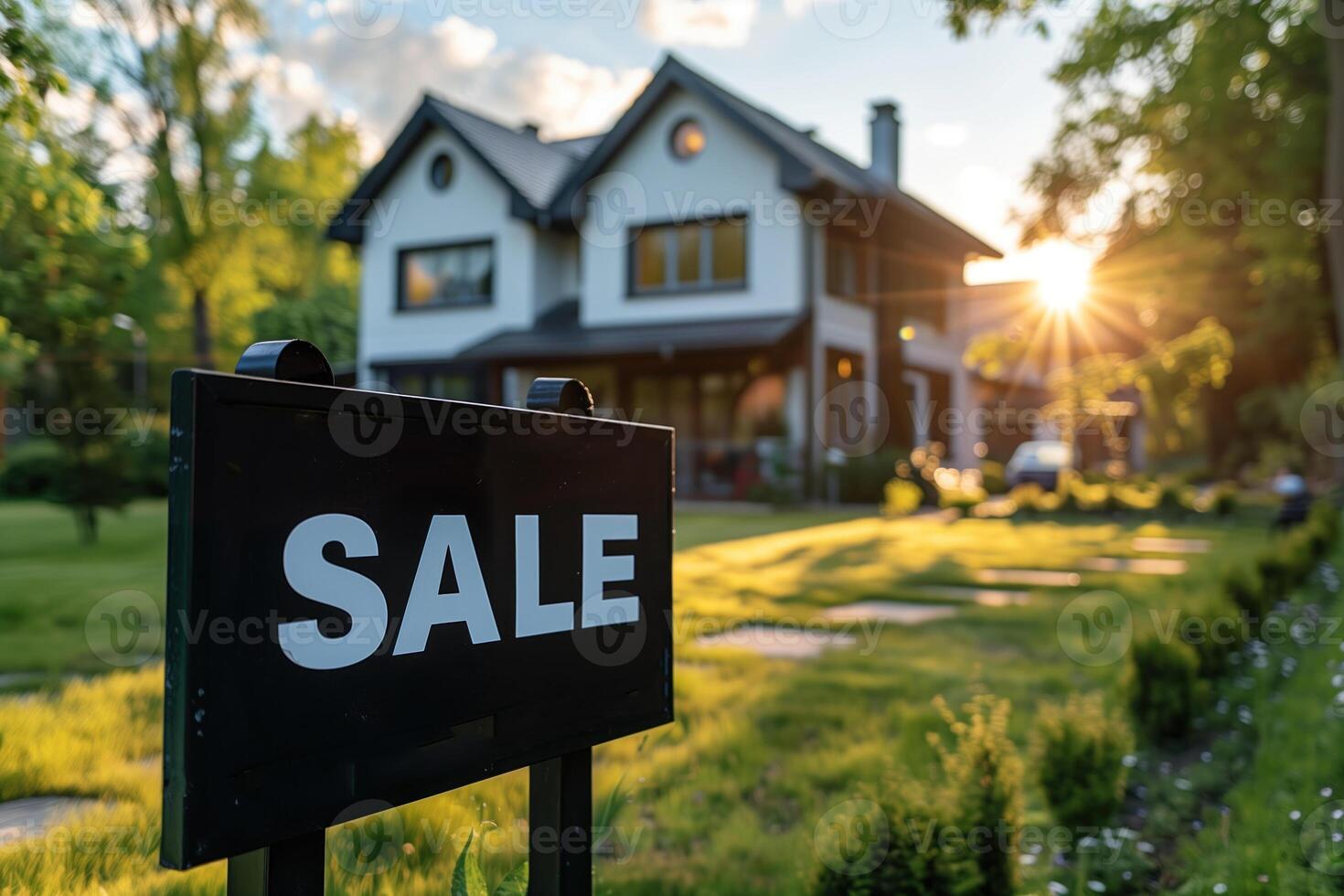 AI generated House with a sale sign in front of the house. Real estate concept. photo