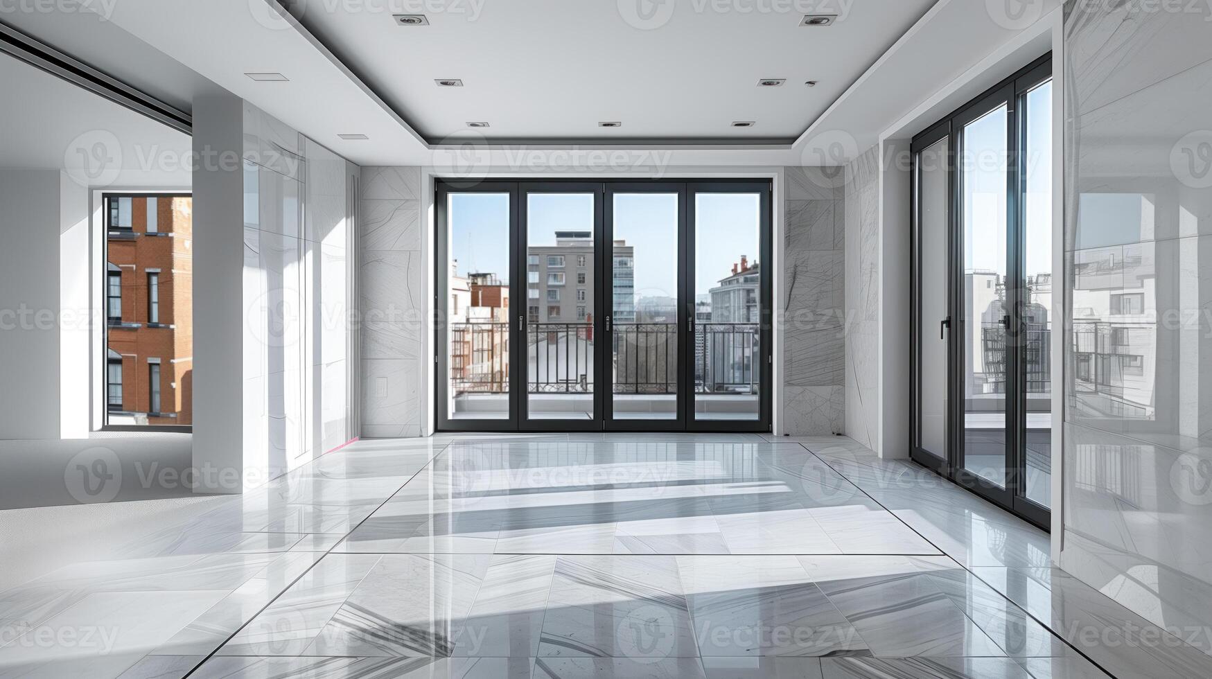 AI generated interior of a new empty apartment with panoramic windows and city view photo