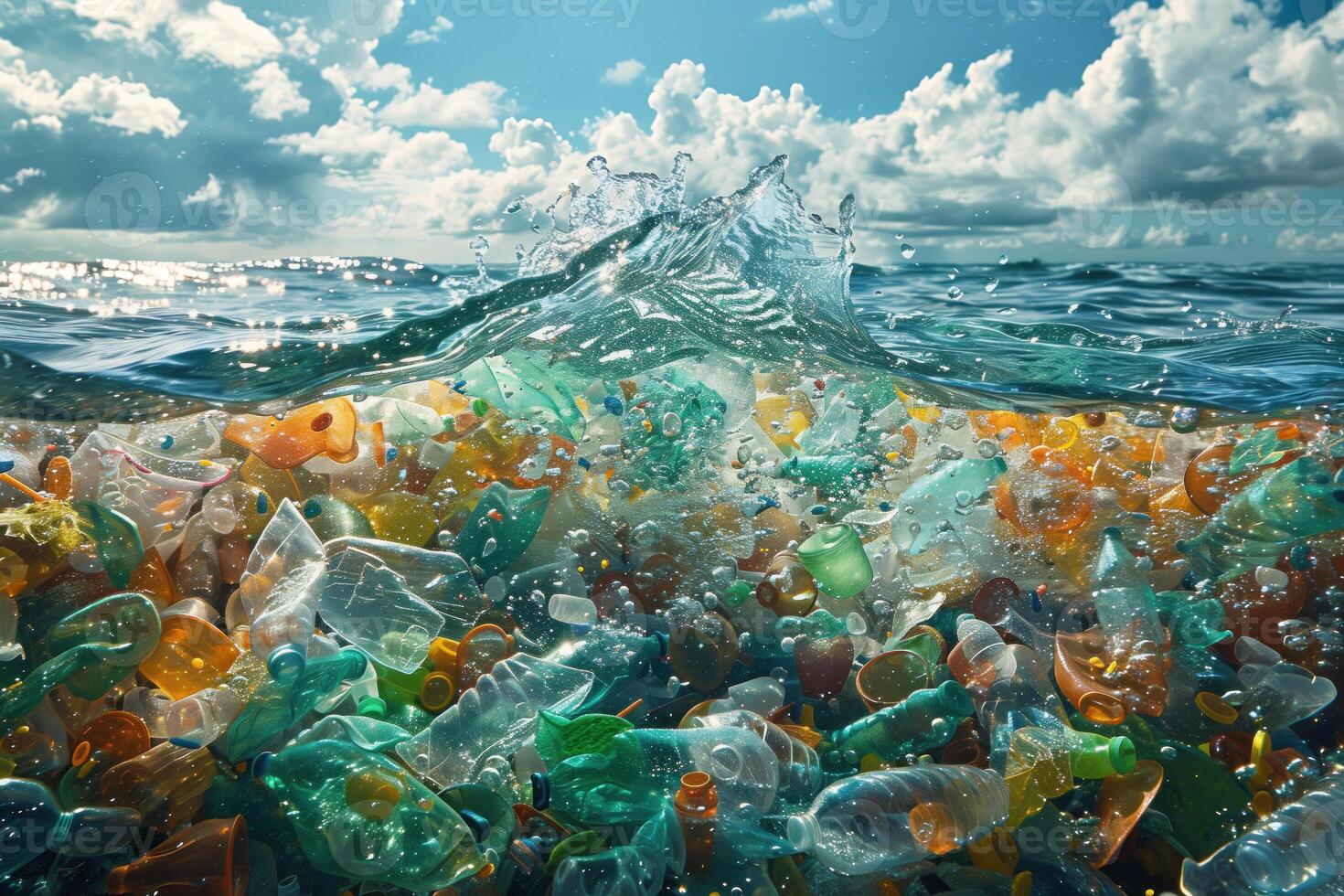 AI generated Plastic trash in the ocean. Environmental pollution. photo