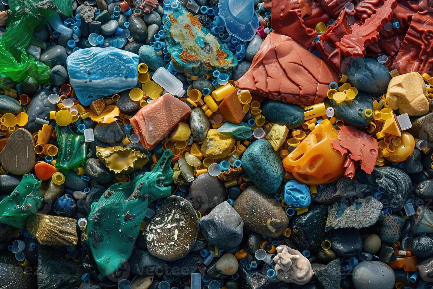AI generated plastic garbage on the beach. Environmental pollution concept. photo
