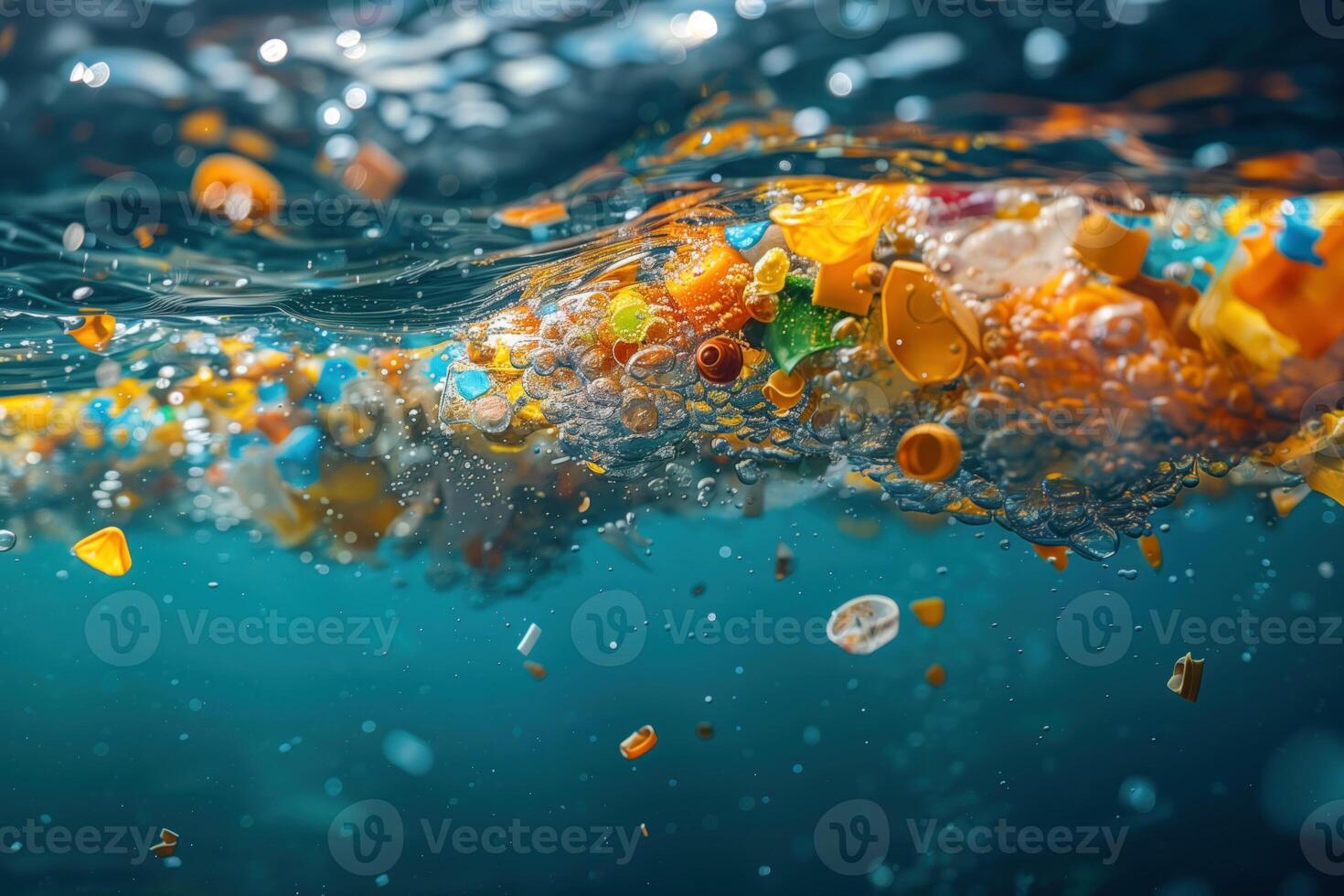 AI generated microplastic particles in sea water, plastic garbage, environmental pollution photo