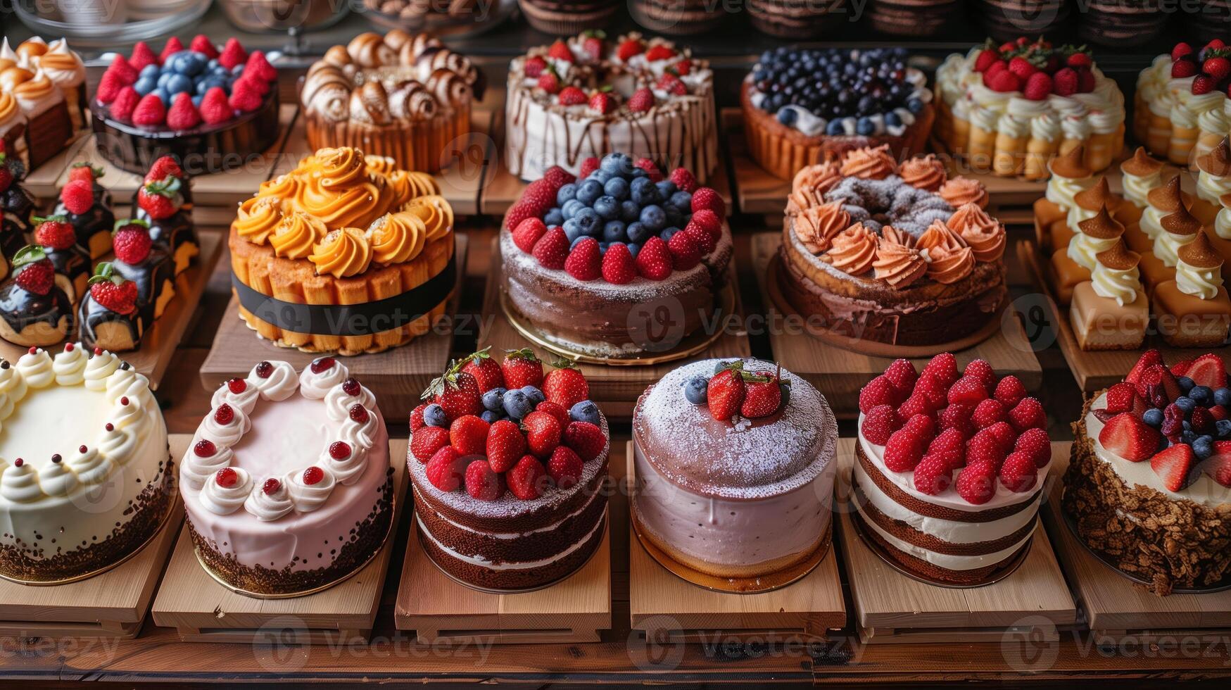 ai generado diferente Fruta pasteles en un panadería mostrador foto