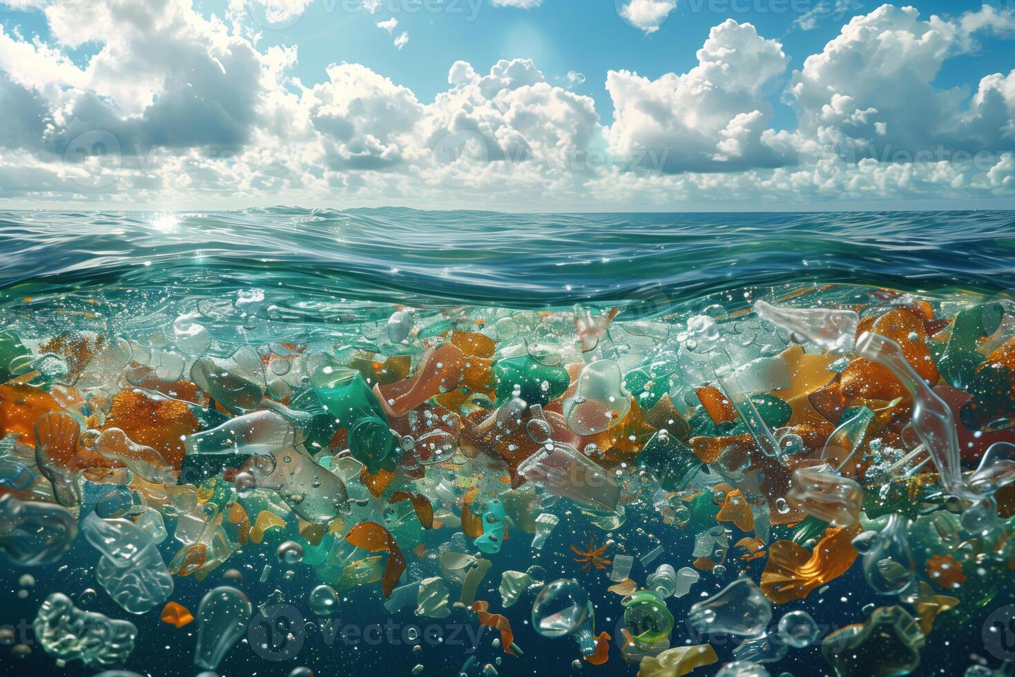 AI generated Plastic waste underwater in the ocean. Environmental pollution. photo