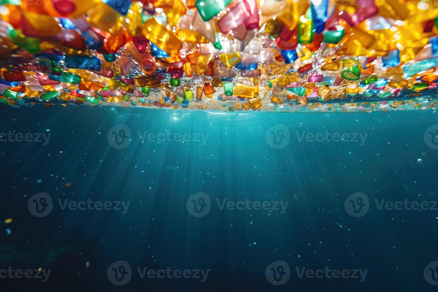 AI generated plastic particles in sea water, plastic garbage, environmental pollution photo