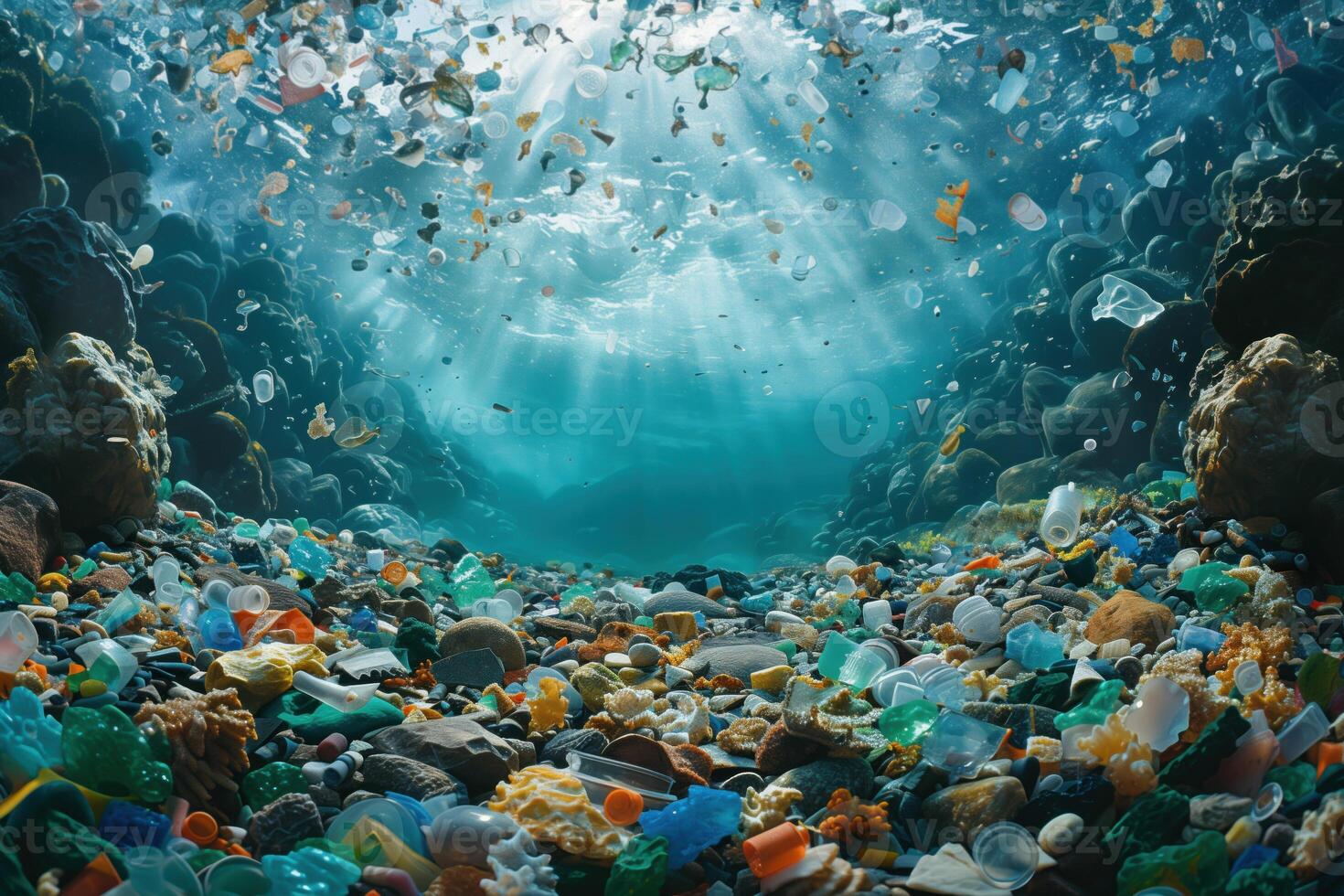 AI generated underwater view of plastic trash near seashore with sunlight photo