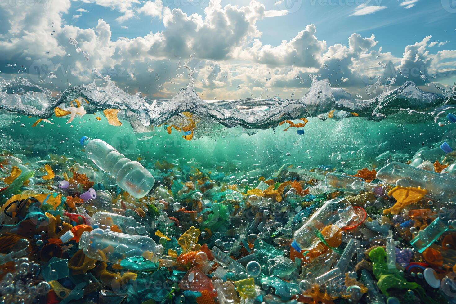 AI generated Plastic waste in the ocean. Environmental pollution. photo